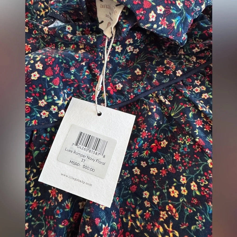 NWT Analogie by Lil Legs Luxe Navy Floral Corduroy Romper Sz 2-3 Holiday Outfit
